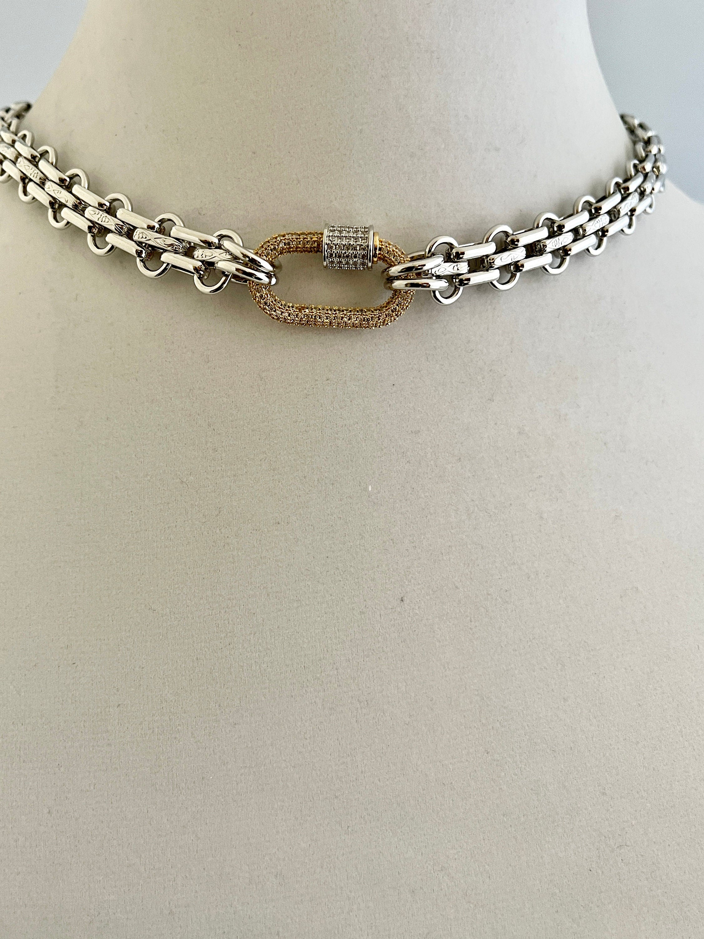 Chunky Multilink Silver Chain Necklace – Pave Carabiner Clasp