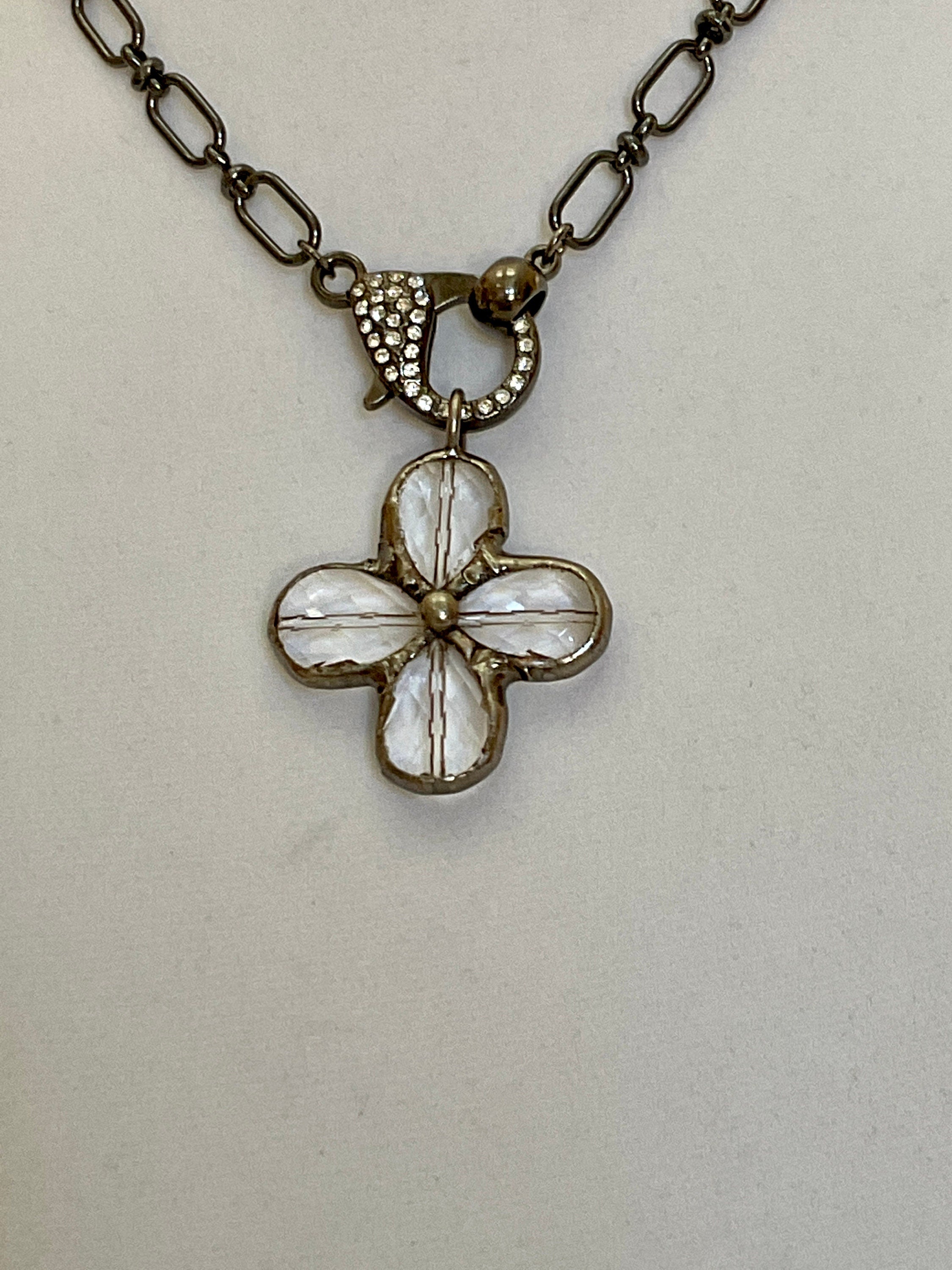 Gunmetal Cable Chain Necklace-Faceted Crystal Gunmetal Flower Pendant-Pave Carabiner Clasp