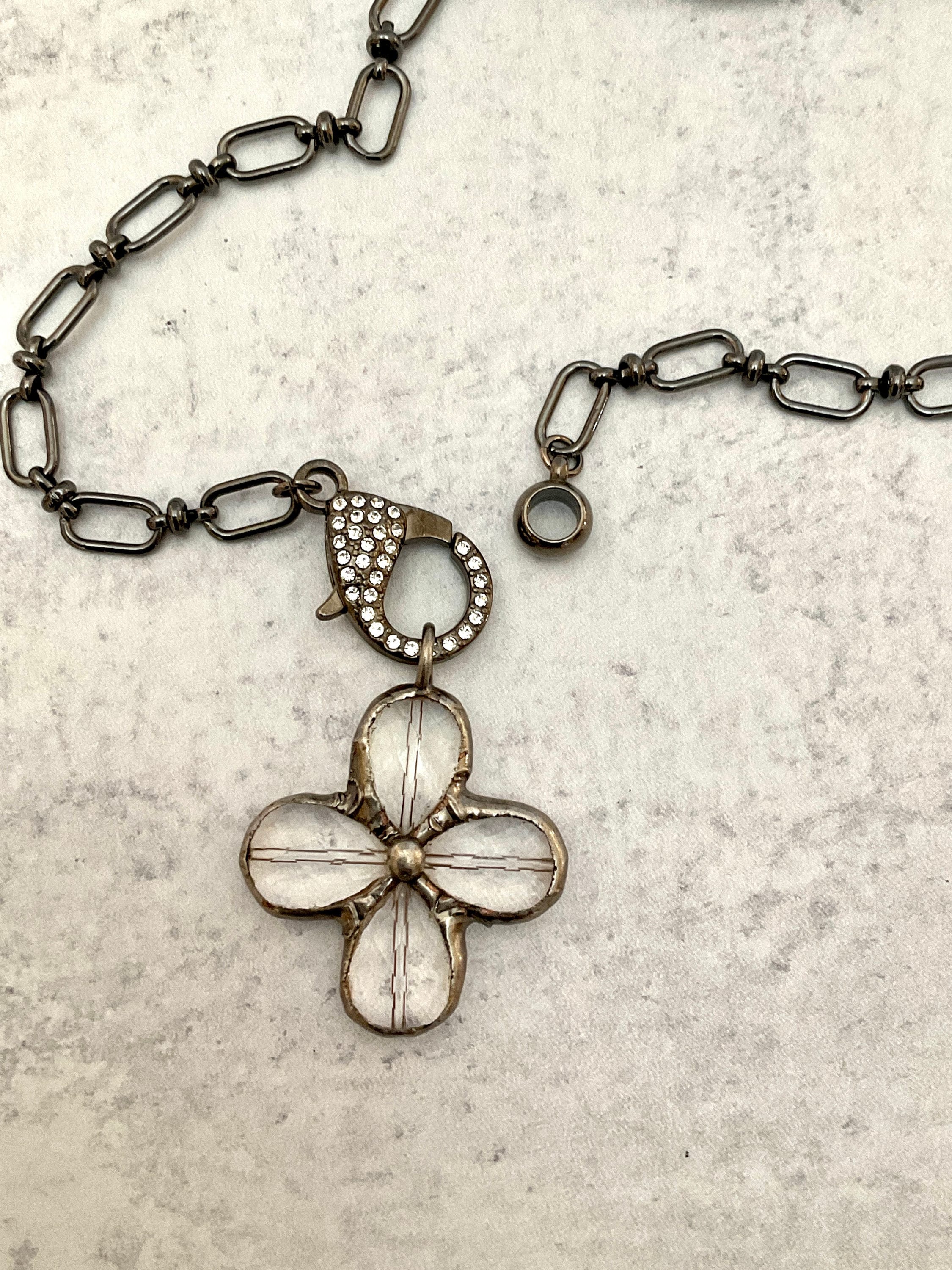 Gunmetal Cable Chain Necklace-Faceted Crystal Gunmetal Flower Pendant-Pave Carabiner Clasp