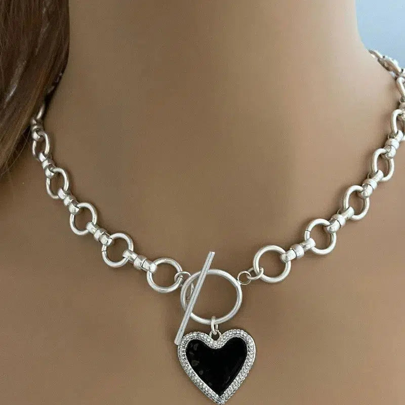 Silver Chain Necklace-Matt Satin Silver Cable Necklace-Enamel Pave Heart Pendant-Toggle Closure-Matt Satin Finish-3 Heart Color Choices