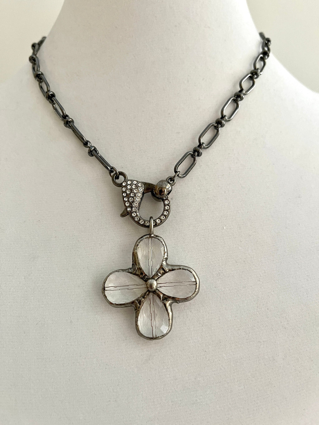 Gunmetal Cable Chain Necklace-Faceted Crystal Gunmetal Flower Pendant-Pave Carabiner Clasp