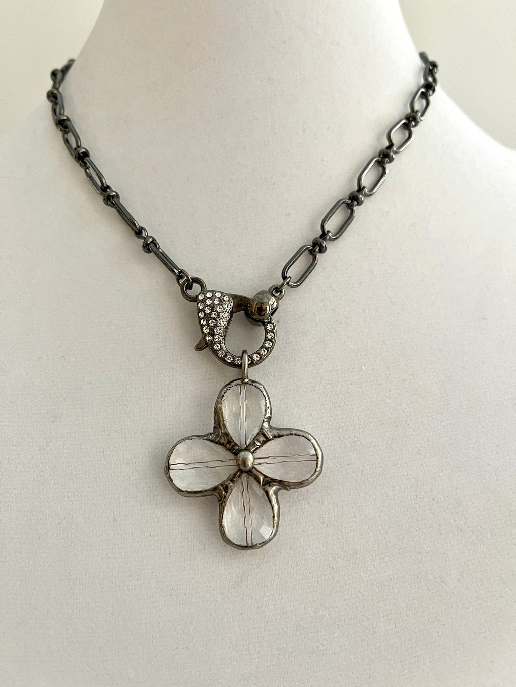Gunmetal Cable Chain Necklace-Faceted Crystal Gunmetal Flower Pendant-Pave Carabiner Clasp