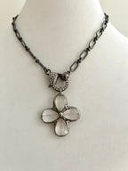 Gunmetal Cable Chain Necklace-Faceted Crystal Gunmetal Flower Pendant-Pave Carabiner Clasp