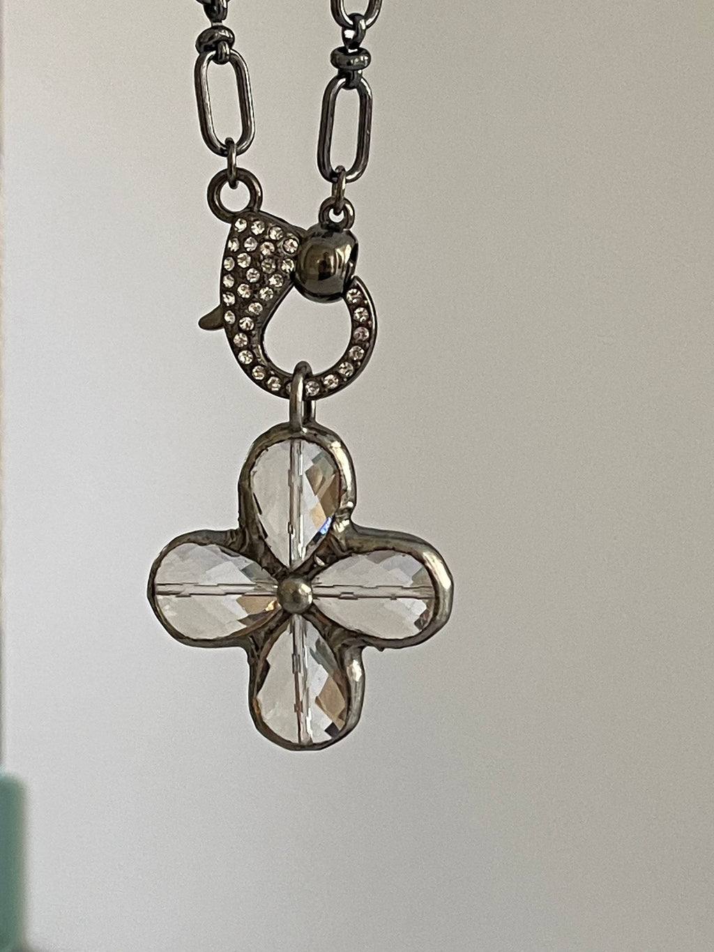 Gunmetal Cable Chain Necklace-Faceted Crystal Gunmetal Flower Pendant-Pave Carabiner Clasp