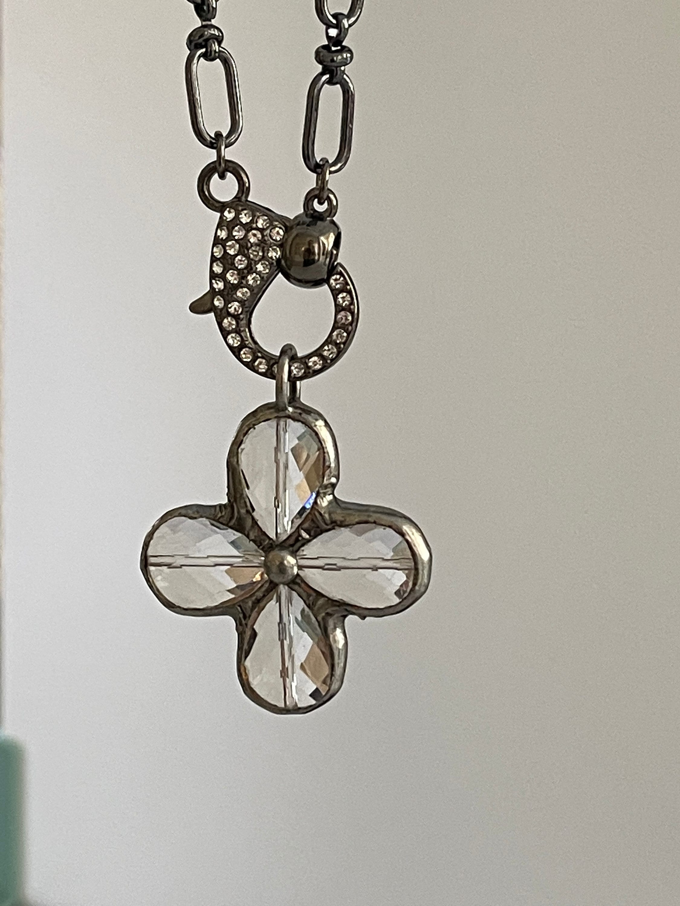 Gunmetal Cable Chain Necklace-Faceted Crystal Gunmetal Flower Pendant-Pave Carabiner Clasp