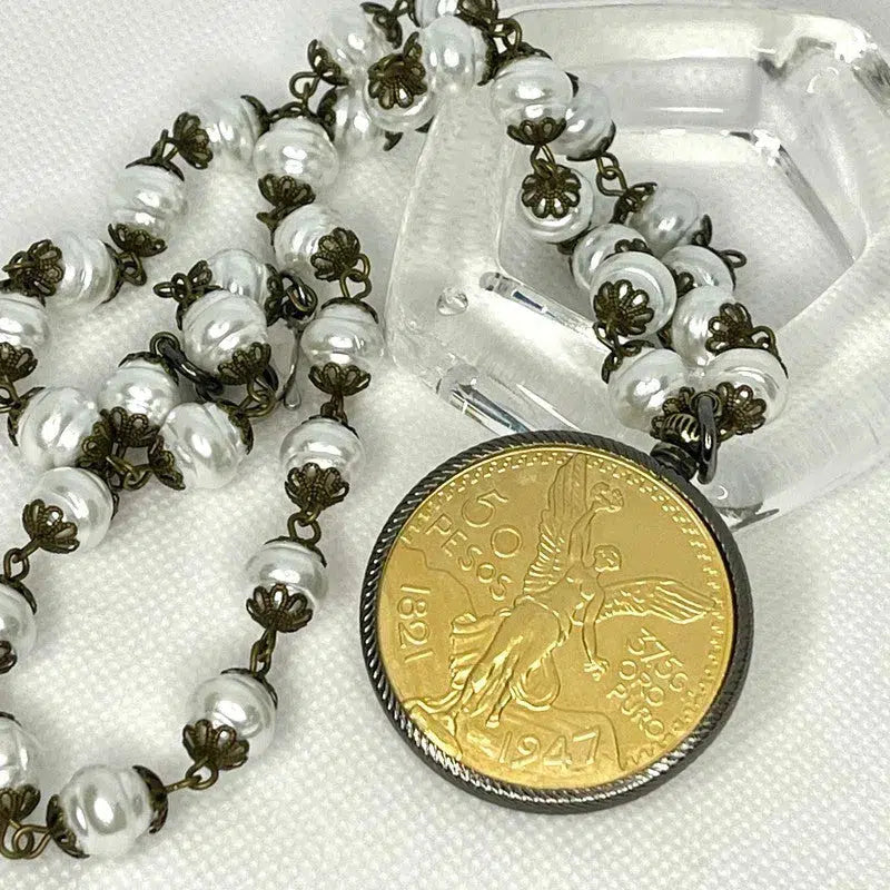 Gold Pesos Coin Necklace-Porcelain Glass Pears-Replica Freshwater Bead Chain-Gunmetal Bezel-50 Pesos Coin-Lobster Clasp