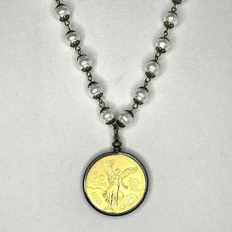 Gold Pesos Coin Necklace-Porcelain Glass Pears-Replica Freshwater Bead Chain-Gunmetal Bezel-50 Pesos Coin-Lobster Clasp