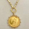 Vintage Coin Necklace-Gold Multi Link Chain Necklace-Gold Reproduction Coin Pendant-Cubic Zirconia Bezel Coin-Spring Lock Clasp