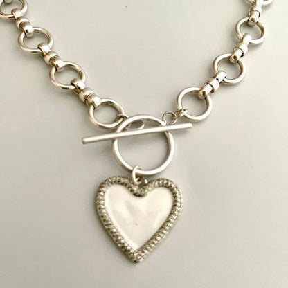 Silver Chain Necklace-Matt Satin Silver Cable Necklace-Enamel Pave Heart Pendant-Toggle Closure-Matt Satin Finish-3 Heart Color Choices