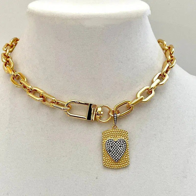 Chunky Gold Chain Necklace-CZ Micro Pave Heart Tag Pendant-Gunmetal CZ Heart- Spring Gate Clasp-Shiny Gold Cable Necklace-Aesthetic Necklace
