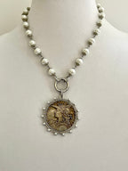 Silver Vintage Coin Necklace-Pearl Chain Necklace-Reproduction Coin