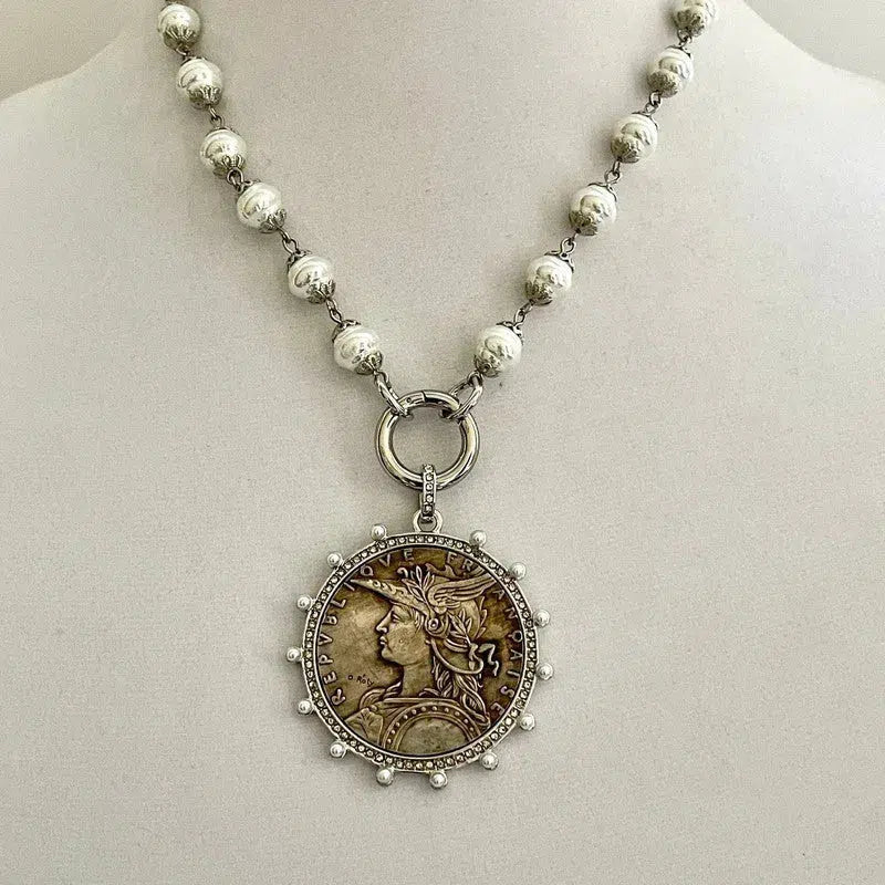 Silver Vintage Coin Necklace-Porcelain Pearl Chain Necklace-Reproduction Coin Pendant-Pearl and Cubic Zirconia Bezel Coin-Spring Lock Clasp