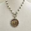 Silver Vintage Coin Necklace-Porcelain Pearl Chain Necklace-Reproduction Coin Pendant-Pearl and Cubic Zirconia Bezel Coin-Spring Lock Clasp