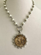 Silver Vintage Coin Necklace-Pearl Chain Necklace-Reproduction Coin