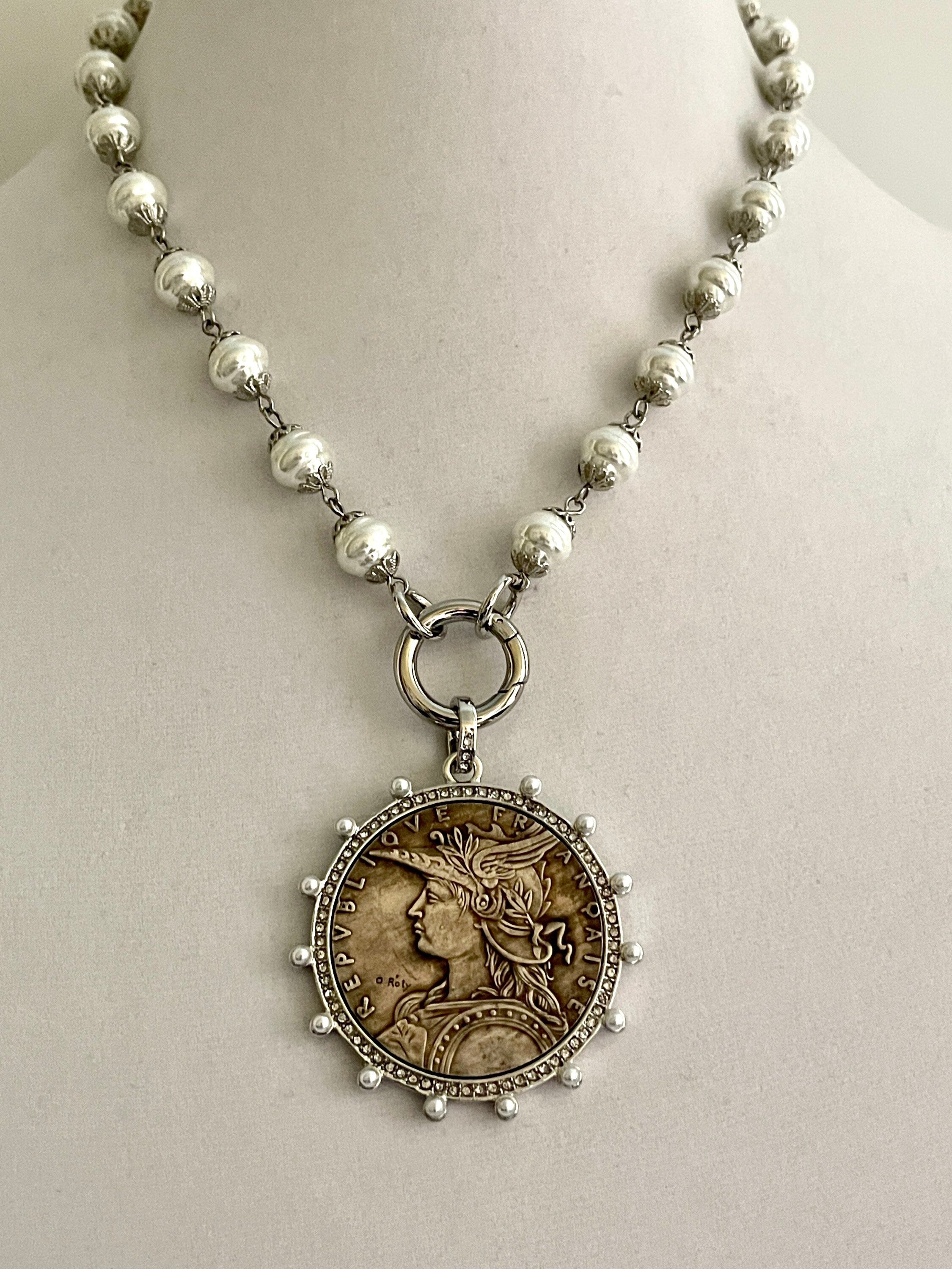 Silver Vintage Coin Necklace-Pearl Chain Necklace-Reproduction Coin