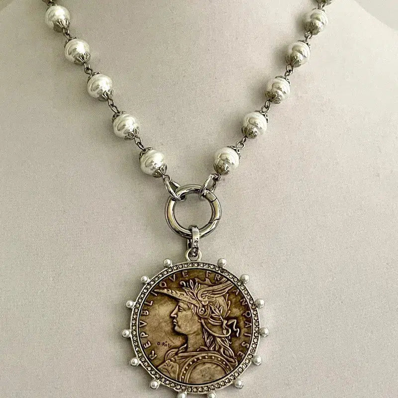 Silver Vintage Coin Necklace-Porcelain Pearl Chain Necklace-Reproduction Coin Pendant-Pearl and Cubic Zirconia Bezel Coin-Spring Lock Clasp