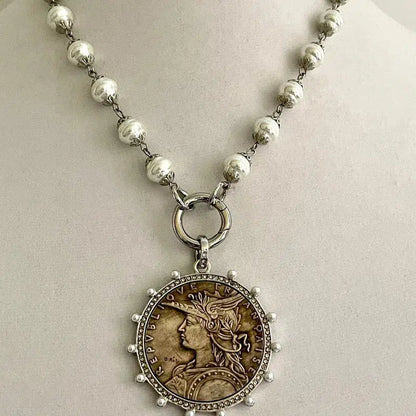 Silver Vintage Coin Necklace-Porcelain Pearl Chain Necklace-Reproduction Coin Pendant-Pearl and Cubic Zirconia Bezel Coin-Spring Lock Clasp