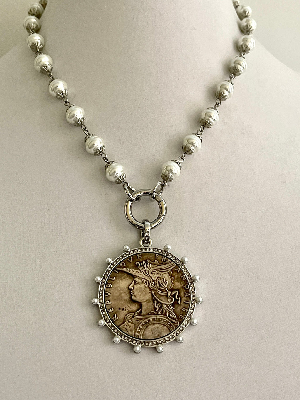 Silver Coin Pendant Necklace: Porcelain Pearl Chain, CZ Bezel