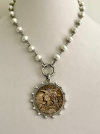 Silver Coin Pendant Necklace: Porcelain Pearl Chain, CZ Bezel