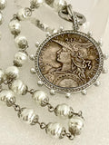 Silver Vintage Coin Necklace-Pearl Chain Necklace-Reproduction Coin