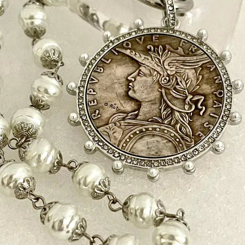 Silver Vintage Coin Necklace-Porcelain Pearl Chain Necklace-Reproduction Coin Pendant-Pearl and Cubic Zirconia Bezel Coin-Spring Lock Clasp