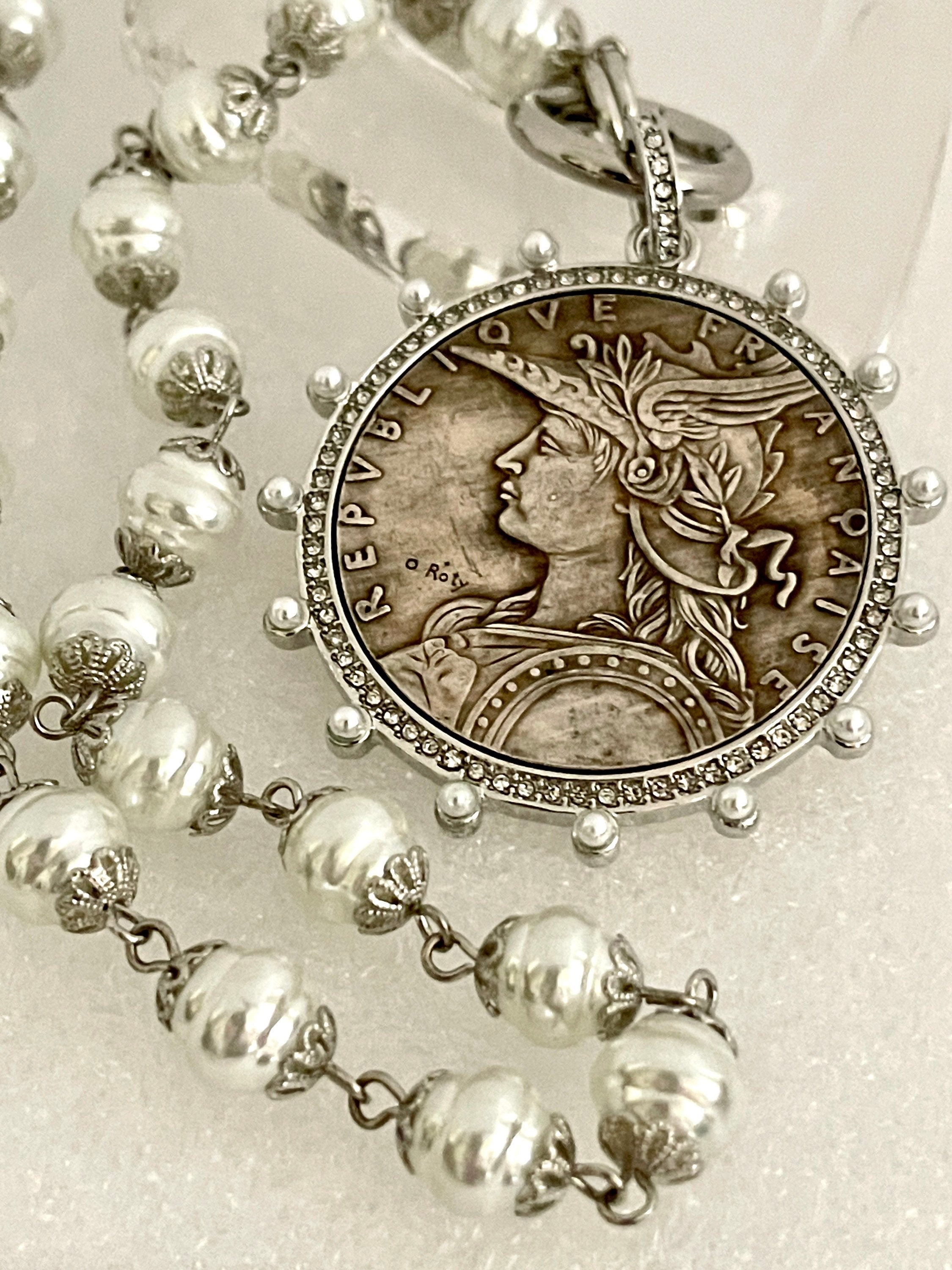 Silver Coin Pendant Necklace: Porcelain Pearl Chain, CZ Bezel