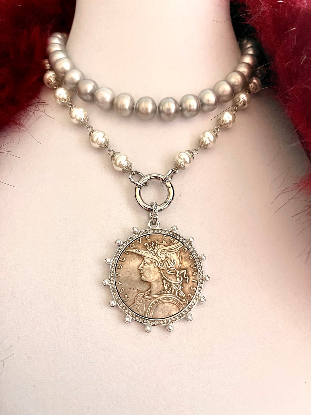 Silver Vintage Coin Necklace-Pearl Chain Necklace-Reproduction Coin