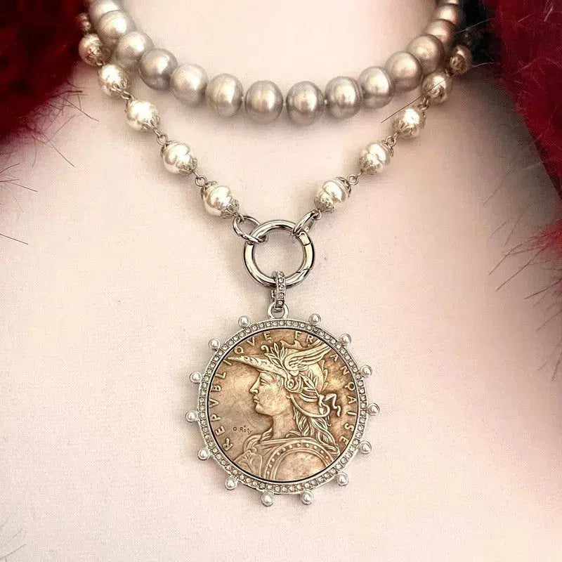 Silver Vintage Coin Necklace-Porcelain Pearl Chain Necklace-Reproduction Coin Pendant-Pearl and Cubic Zirconia Bezel Coin-Spring Lock Clasp