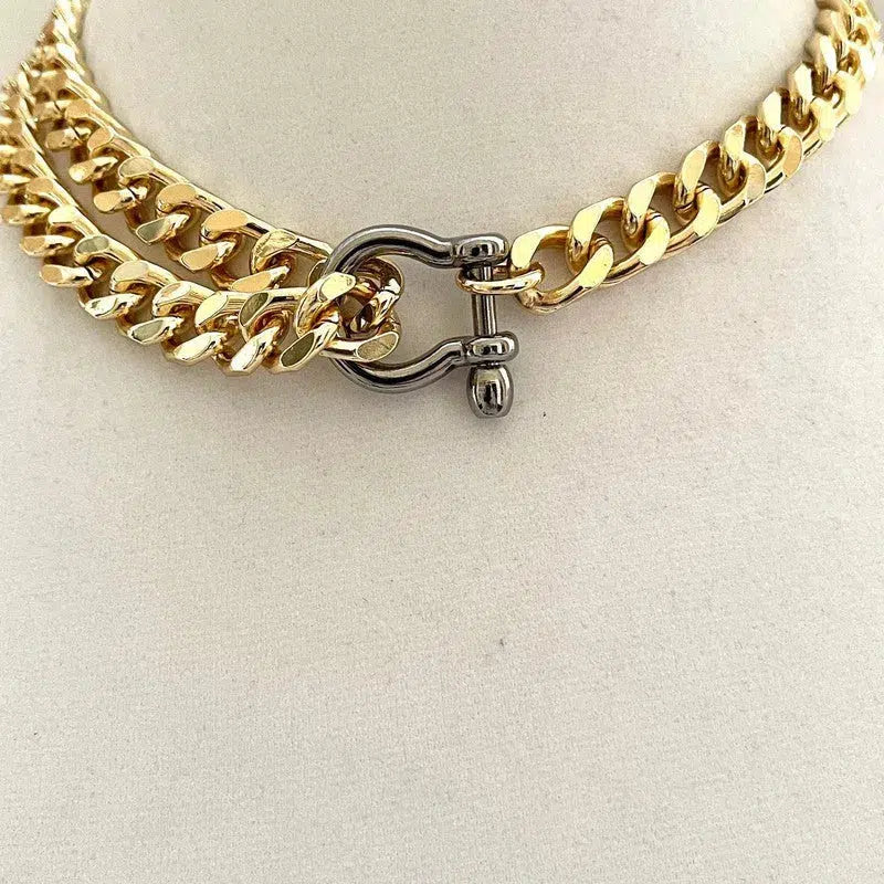 Gold Miami Cuban Chain Necklace-Thick Chunky Chain-Double Layer Cuban Chain-Shackle Clasp- 3 Color Choice Shackle-Unique Design-Gift For Her