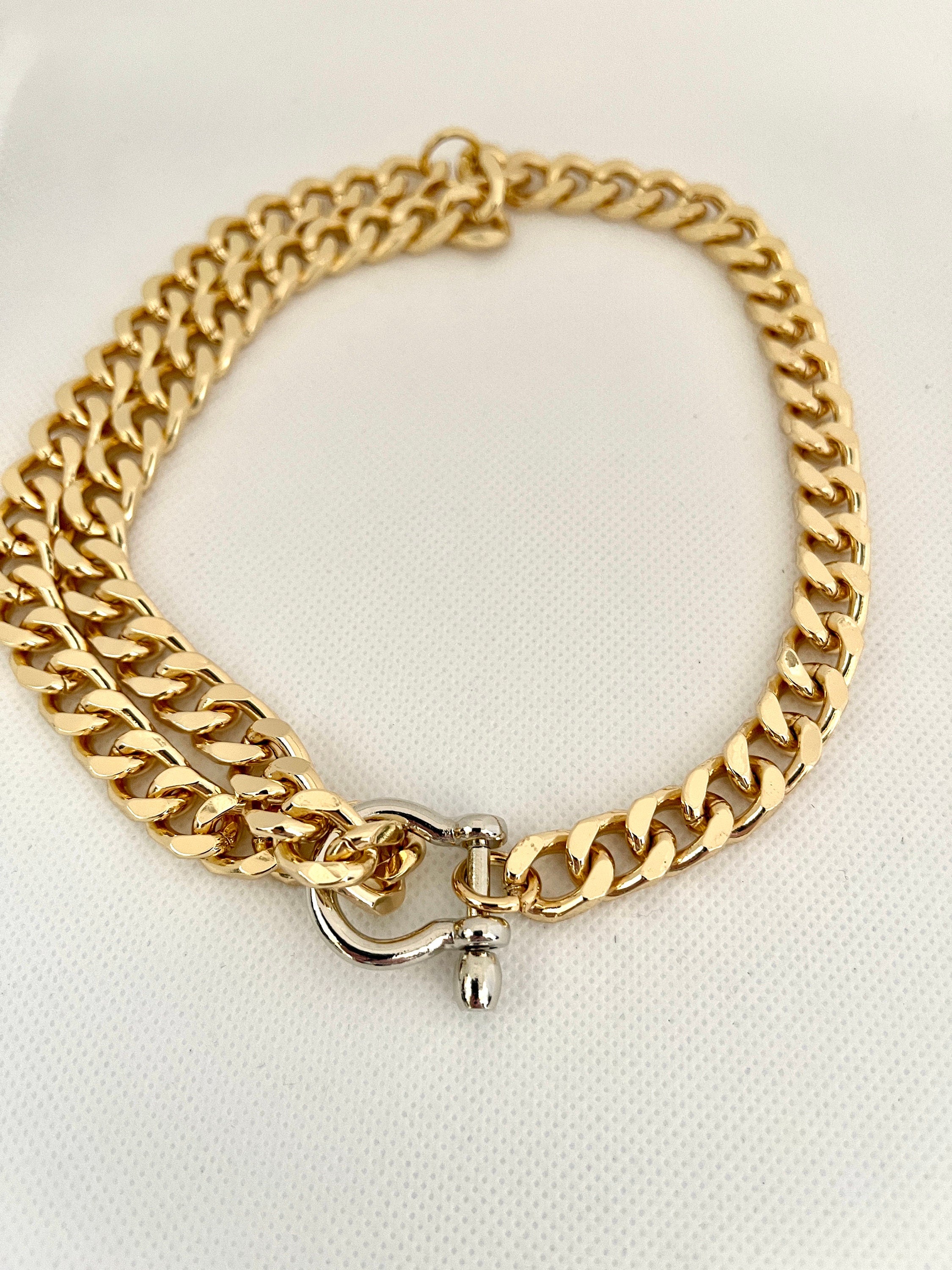 Gold Miami Cuban Chain Necklace – Chunky Double Strand, Shackle Clasp