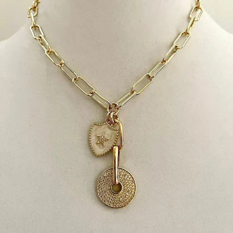 Gold Paperclip Chain Necklace-Double Pendant Necklace-Cubic Zirconia Disc Pendant-Ball CZ Heart Pendant-Layering- Adjustable Length