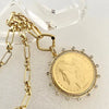 Vintage Coin Necklace-Gold Multi Link Chain Necklace-Gold Reproduction Coin Pendant-Cubic Zirconia Bezel Coin-Spring Lock Clasp