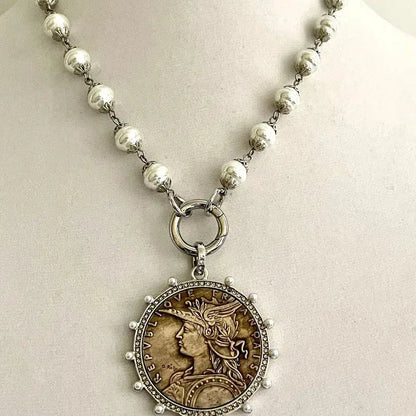 Silver Vintage Coin Necklace-Porcelain Pearl Chain Necklace-Reproduction Coin Pendant-Pearl and Cubic Zirconia Bezel Coin-Spring Lock Clasp