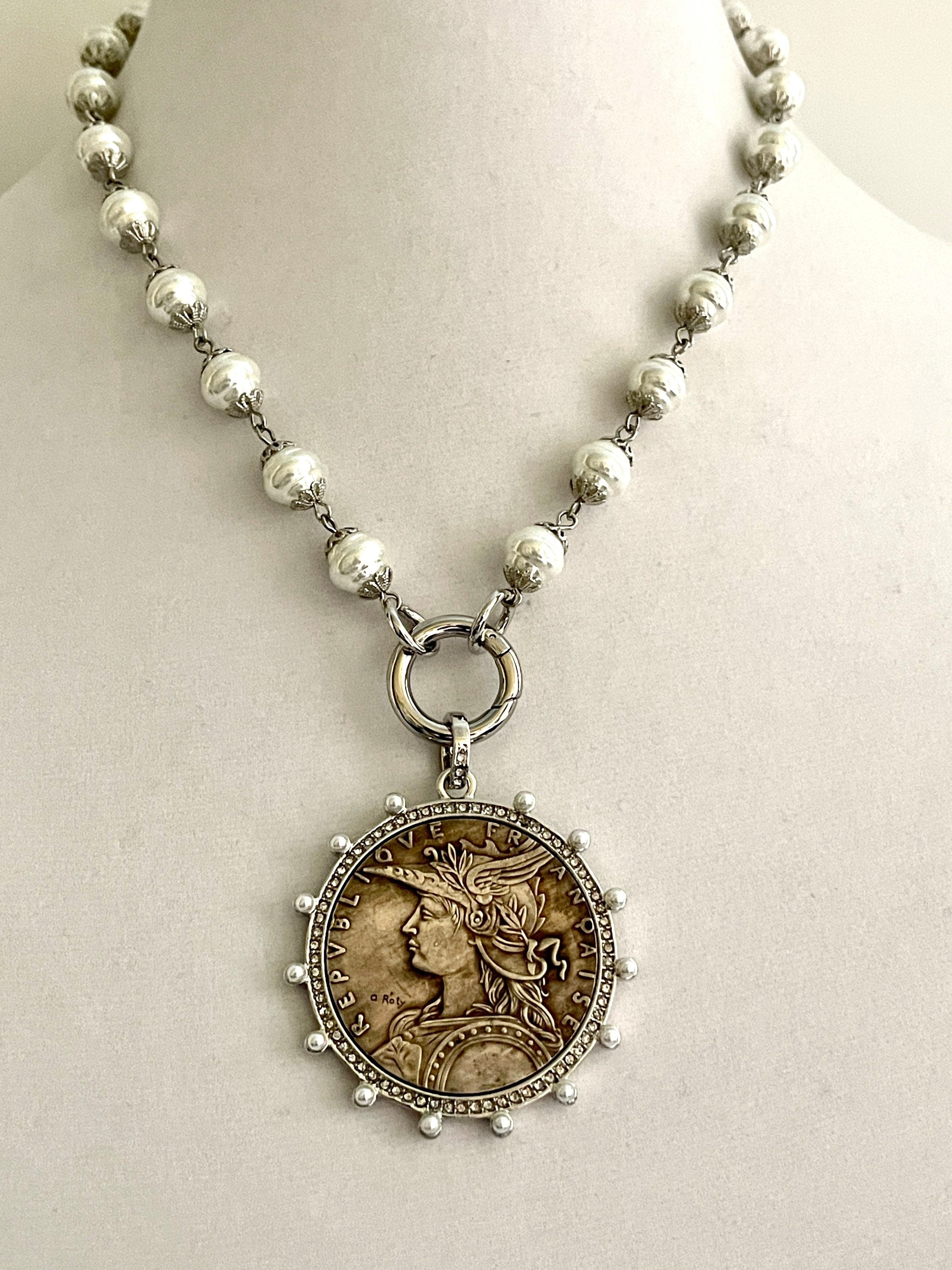 Silver Coin Pendant Necklace: Porcelain Pearl Chain, CZ Bezel