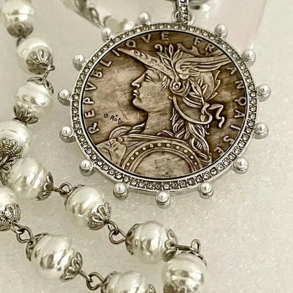 Silver Vintage Coin Necklace-Porcelain Pearl Chain Necklace-Reproduction Coin Pendant-Pearl and Cubic Zirconia Bezel Coin-Spring Lock Clasp