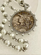 Silver Coin Pendant Necklace: Porcelain Pearl Chain, CZ Bezel