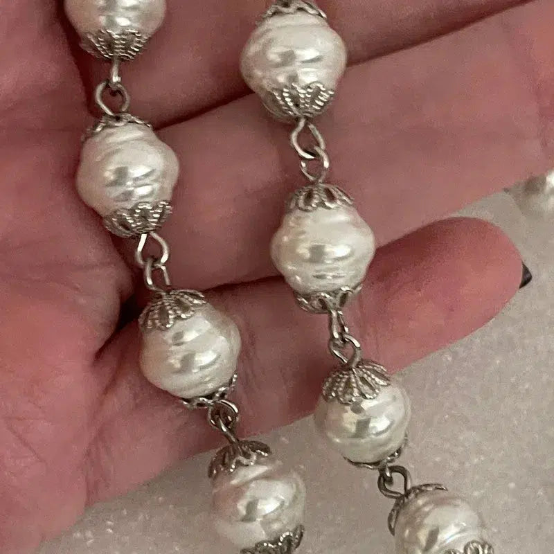 Silver Vintage Coin Necklace-Porcelain Pearl Chain Necklace-Reproduction Coin Pendant-Pearl and Cubic Zirconia Bezel Coin-Spring Lock Clasp