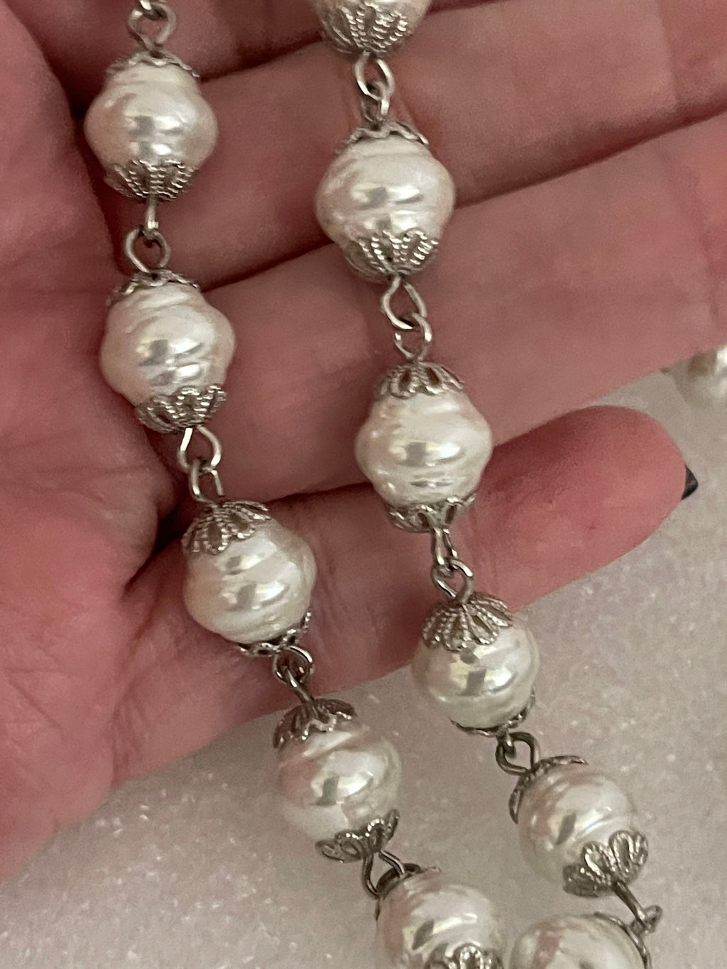 Silver Coin Pendant Necklace: Porcelain Pearl Chain, CZ Bezel