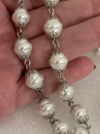 Silver Coin Pendant Necklace: Porcelain Pearl Chain, CZ Bezel