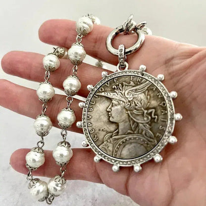 Silver Vintage Coin Necklace-Porcelain Pearl Chain Necklace-Reproduction Coin Pendant-Pearl and Cubic Zirconia Bezel Coin-Spring Lock Clasp