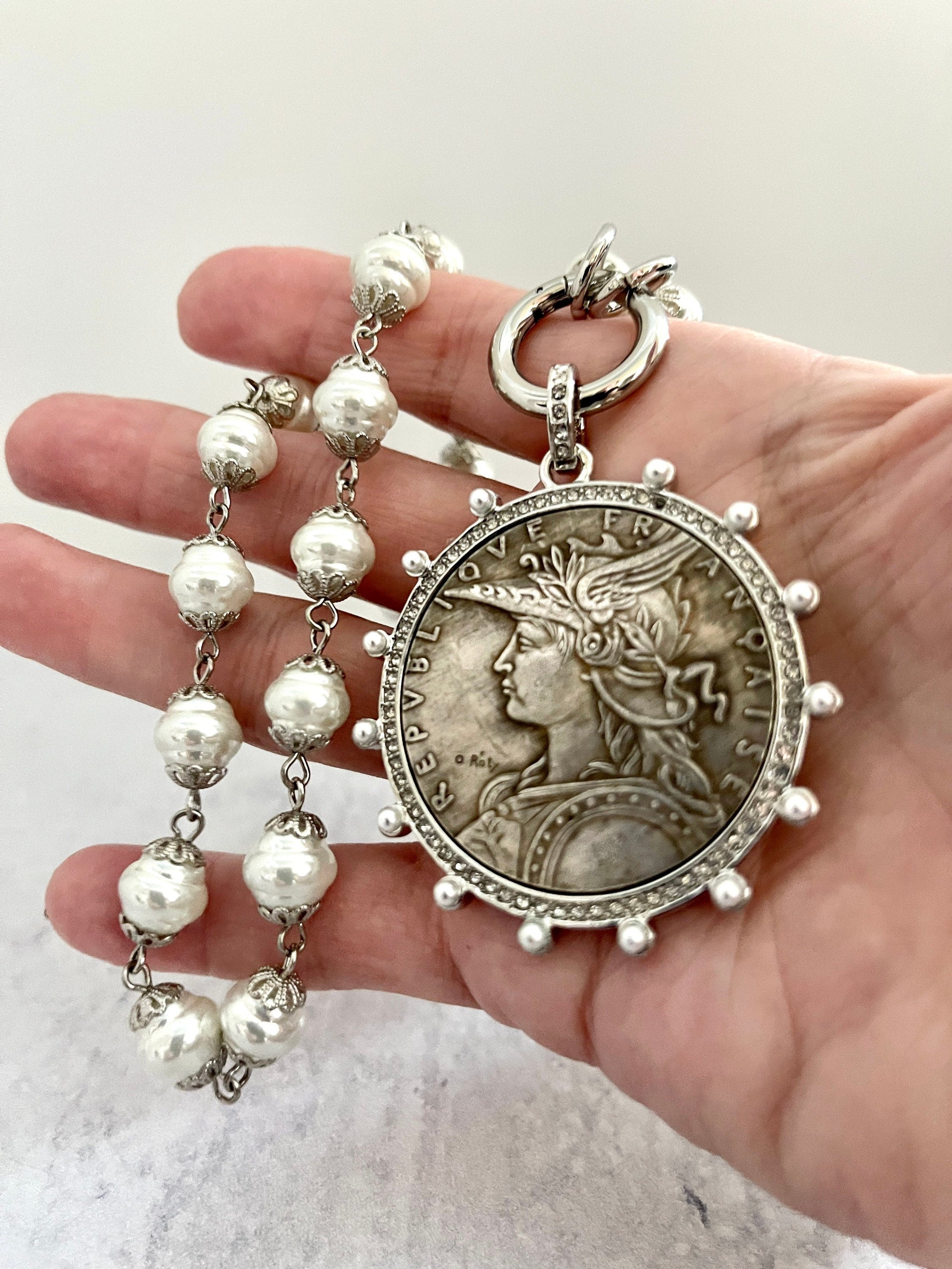 Silver Coin Pendant Necklace: Porcelain Pearl Chain, CZ Bezel