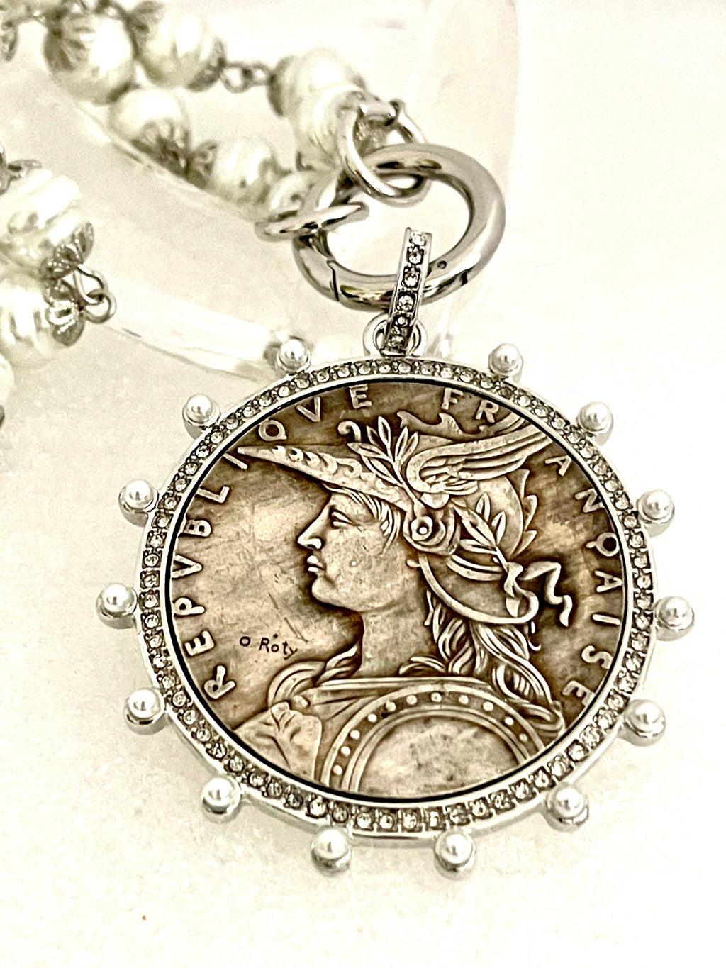 Silver Vintage Coin Necklace-Pearl Chain Necklace-Reproduction Coin