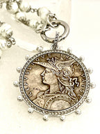 Silver Vintage Coin Necklace-Pearl Chain Necklace-Reproduction Coin