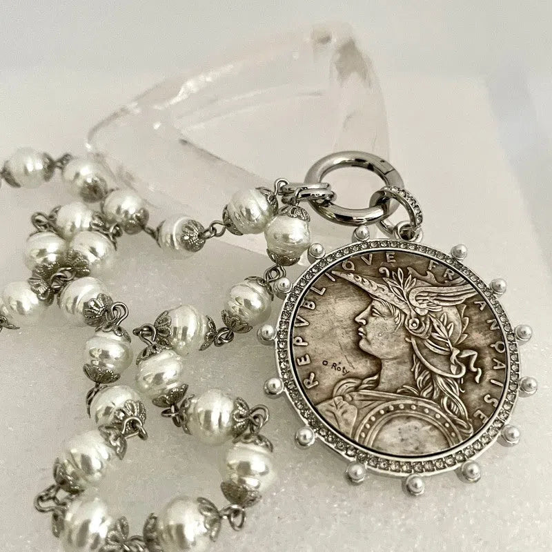 Silver Vintage Coin Necklace-Porcelain Pearl Chain Necklace-Reproduction Coin Pendant-Pearl and Cubic Zirconia Bezel Coin-Spring Lock Clasp