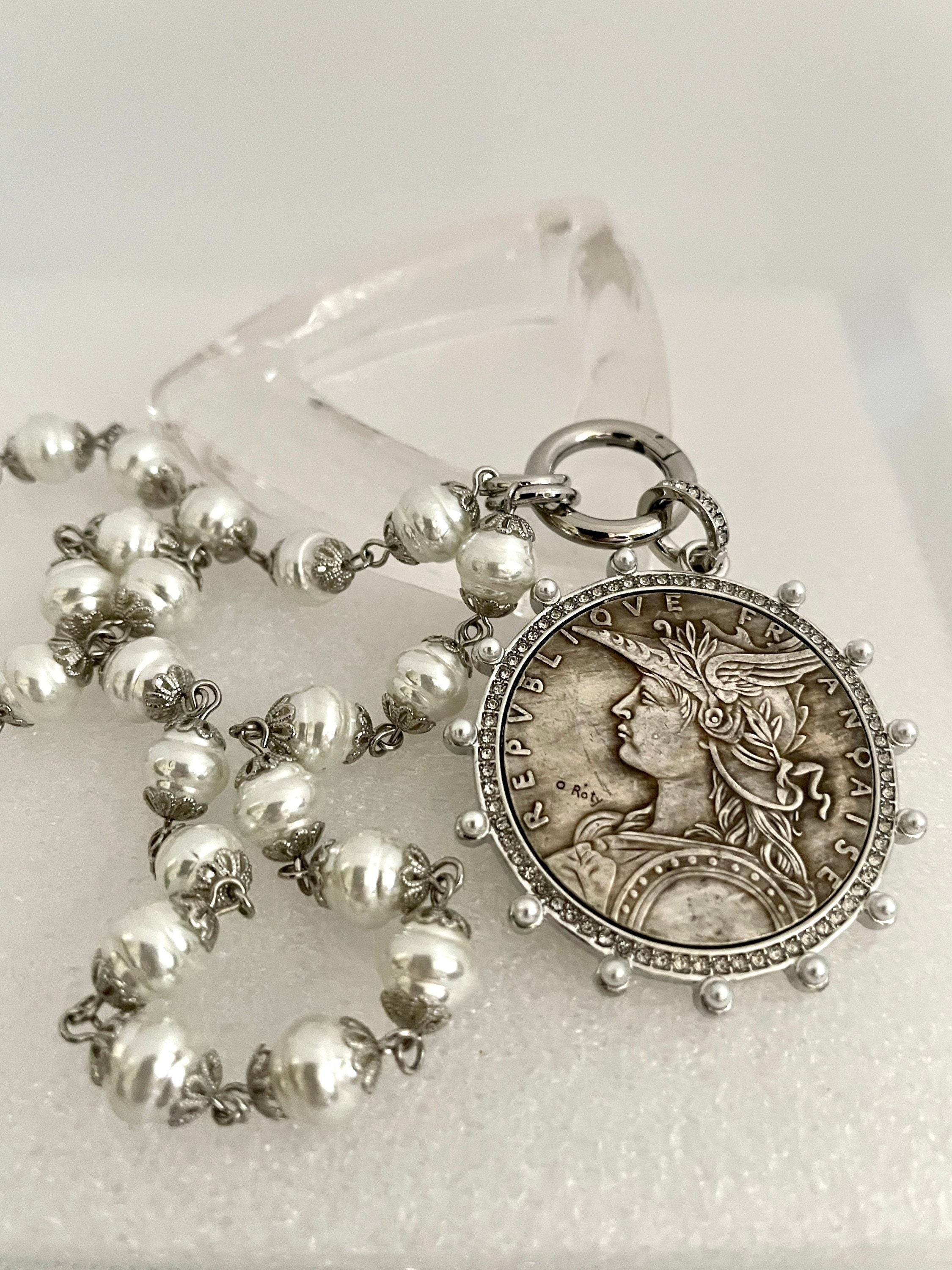 Silver Coin Pendant Necklace: Porcelain Pearl Chain, CZ Bezel