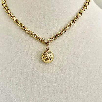 Gold Paperclip Chain Necklace-Double Pendant Necklace-Cubic Zirconia Disc Pendant-Ball CZ Heart Pendant-Layering- Adjustable Length