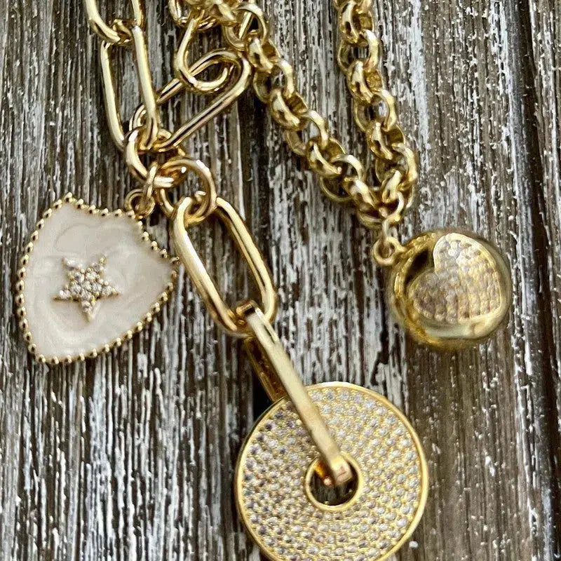 Gold Paperclip Chain Necklace-Double Pendant Necklace-Cubic Zirconia Disc Pendant-Ball CZ Heart Pendant-Layering- Adjustable Length