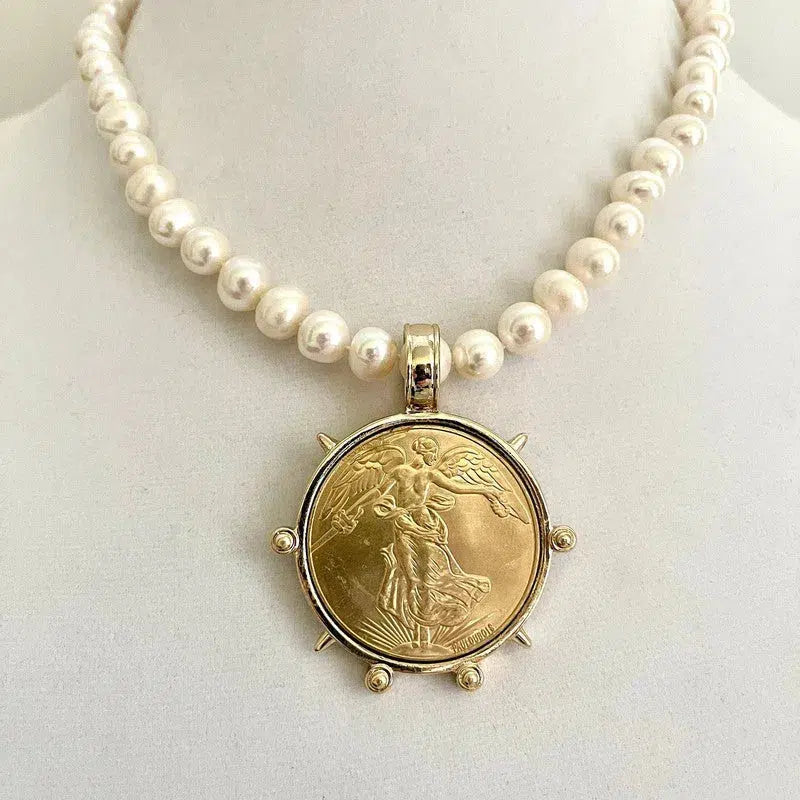 Freshwater Pearl Necklace,Reproduction French Coin,Commemorative Medal Pendant,18in Potato Pearl Necklace,Antique Bezel Coin