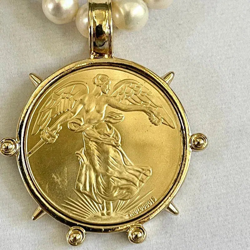 Freshwater Pearl Necklace,Reproduction French Coin,Commemorative Medal Pendant,18in Potato Pearl Necklace,Antique Bezel Coin