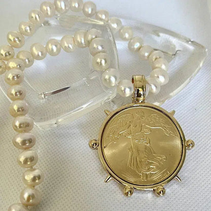 Freshwater Pearl Necklace,Reproduction French Coin,Commemorative Medal Pendant,18in Potato Pearl Necklace,Antique Bezel Coin